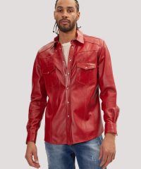 Mens Lambskin Red Leather Button Down Shirt
